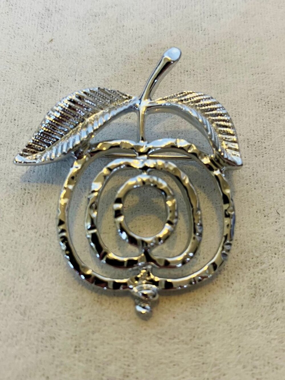 Vintage Sarah Pin Brooch Apple Leaf Textured Open Work Silver Tone Metal Signed
